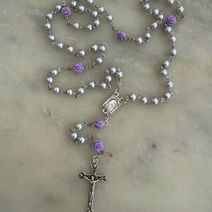 Elegant Silver and Purple Rosary Necklace